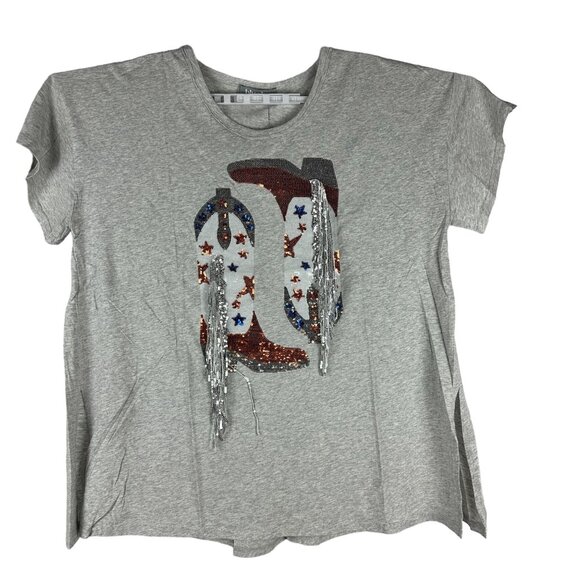 Blue b. Collection Heather Grey T-Shirt With Sequin Cowboy Boots Design Size S - Picture 2 of 7